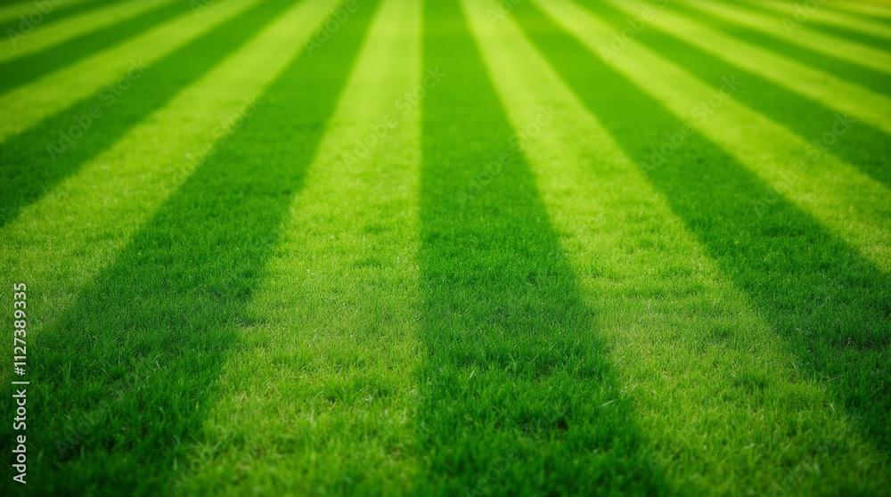 Obraz premium Freshly mowed lawn with a vibrant green color and neat stripes, showcasing its well-maintained appearance, ideal for outdoor photography and landscaping projects, emphasizing beauty and care.