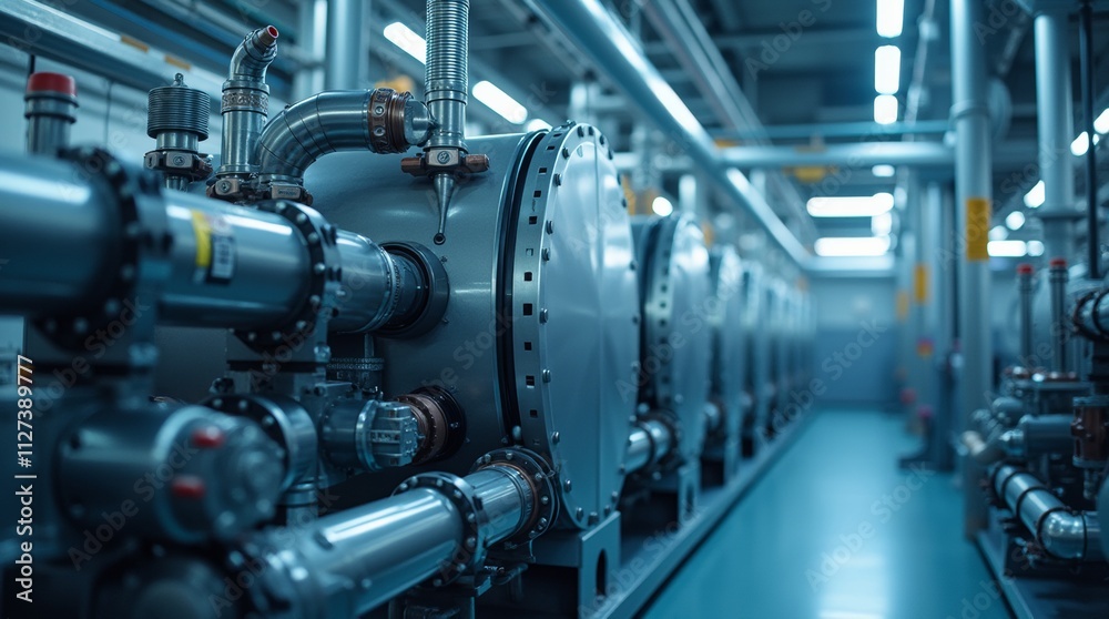 3) Industrial cooling system with intricate piping and machinery, showcasing a modern design and efficient technology, ideal for engineering and manufacturing contexts, emphasizing functionality 3) Industrial cooling system with intricate piping and machinery, showcasing a modern design and efficient technology, ideal for engineering and manufacturing contexts, emphasizing functionality