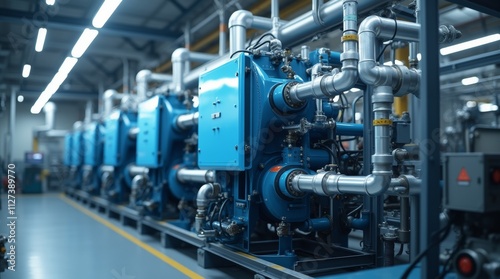 3) Industrial cooling system with intricate piping and machinery, showcasing a modern design and efficient technology, ideal for engineering and manufacturing contexts, emphasizing functionality