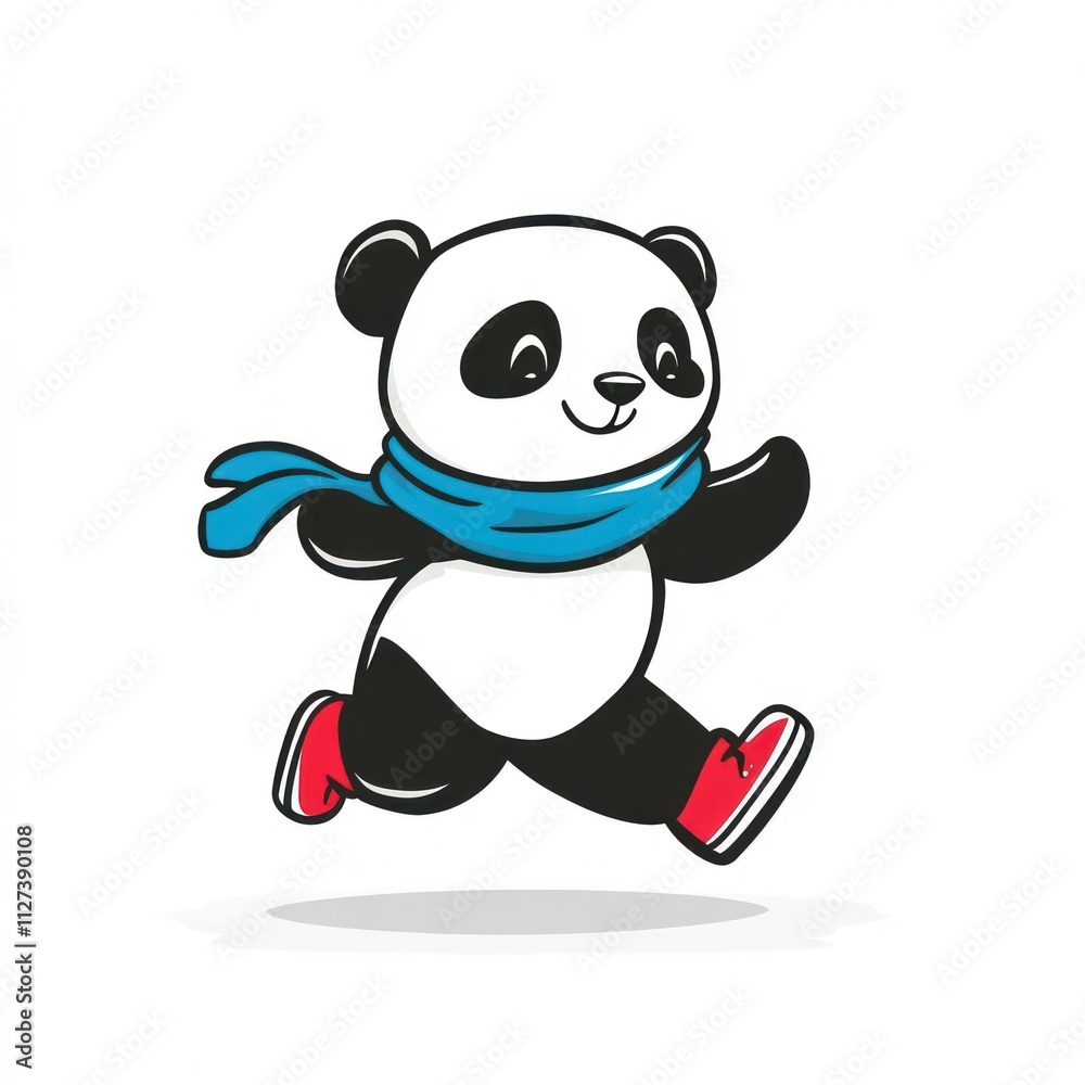 A cute cartoon panda in a blue scarf and red shoes, joyfully running. A cute cartoon panda in a blue scarf and red shoes, joyfully running.