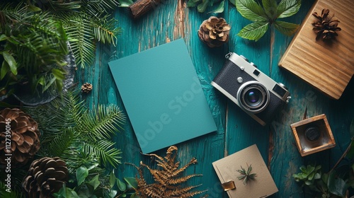 Flat lay of retro camera and green foliage on teal wood photo