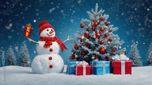 Christmas card with a festive tree and snowman photo