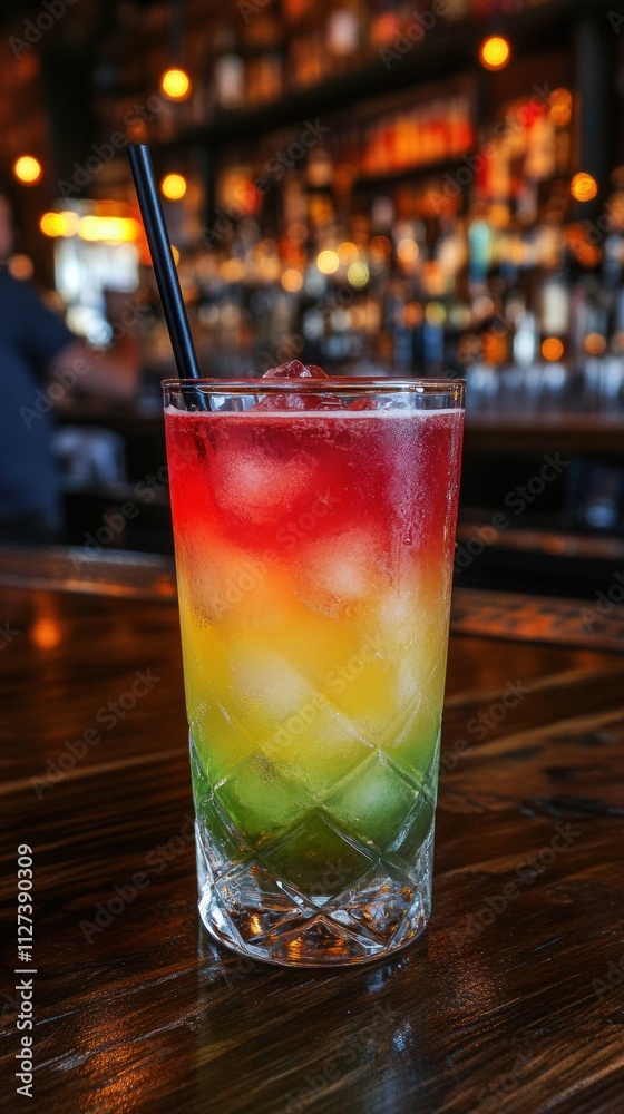 A colorful layered drink served in a tall glass, garnished with ice and a straw. A colorful layered drink served in a tall glass, garnished with ice and a straw.