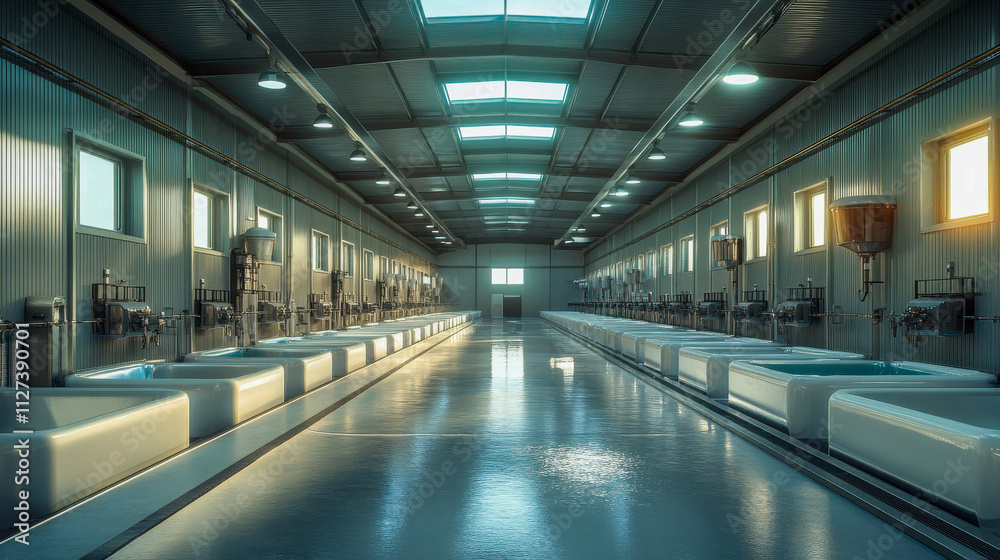 A modern industrial dairy factory interior with rows of automated equipment, shiny floors, and ample natural light streaming through large windows A modern industrial dairy factory interior with rows of automated equipment, shiny floors, and ample natural light streaming through large windows