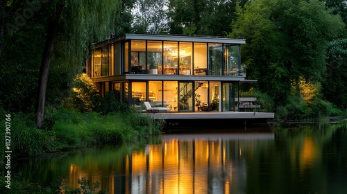 Modern glass house on lake at dusk, illuminated interior visible through large windows.