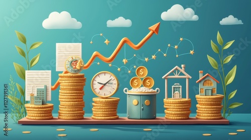 Visual representation of a diversified investment portfolio, featuring various asset classes such as stocks, bonds, real estate, and precious metals, emphasizing financial security and growth.