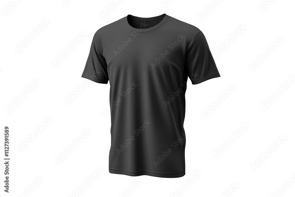 The image shows a dark grey short sleeved crew neck t-shirt on a black background. The image shows a dark grey short sleeved crew neck t-shirt on a black background.