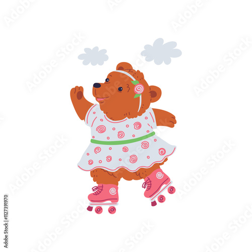 Cute bear girl in dress and pink roller skates.
