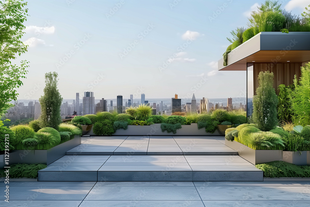 Modern rooftop garden with lush greenery and panoramic city skyline views under a bright blue sky, featuring architectural and natural harmony Modern rooftop garden with lush greenery and panoramic city skyline views under a bright blue sky, featuring architectural and natural harmony