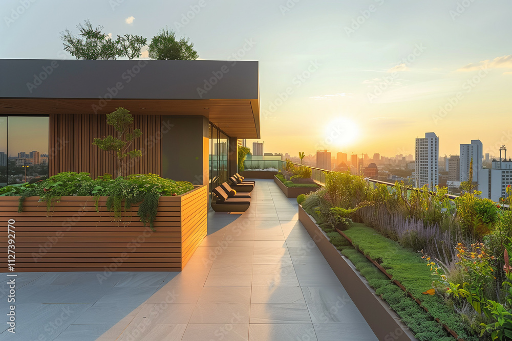 Modern rooftop garden with lush greenery, sunset skyline view, high-rise urban setting, minimalist design, outdoor seating, eco-friendly living