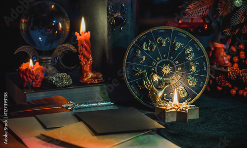 Rite with a burning candle, night mystery atmosphere, Christmas eve, Yule or another day