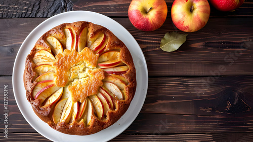 Delicious apple cake on wooden table.