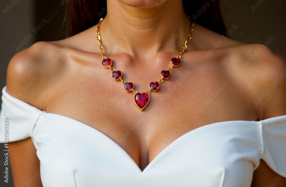 A beautiful ruby necklace around the neck of a girl in a stylish white dress A beautiful ruby necklace around the neck of a girl in a stylish white dress