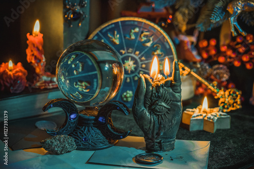 Rite with a burning candle, night mystery atmosphere, Christmas eve, Yule or another day