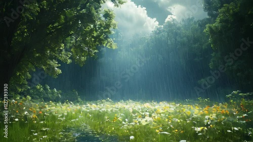 Rainfall brings life to a blooming meadow surrounded by lush trees in a peaceful forest