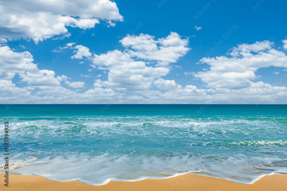 A beach with sun shining over the water. Waves on the beach in the sea. A blue sky and clouds with blue sea waves. A beach with waves and clouds on the sea and blue sky lifestyle.