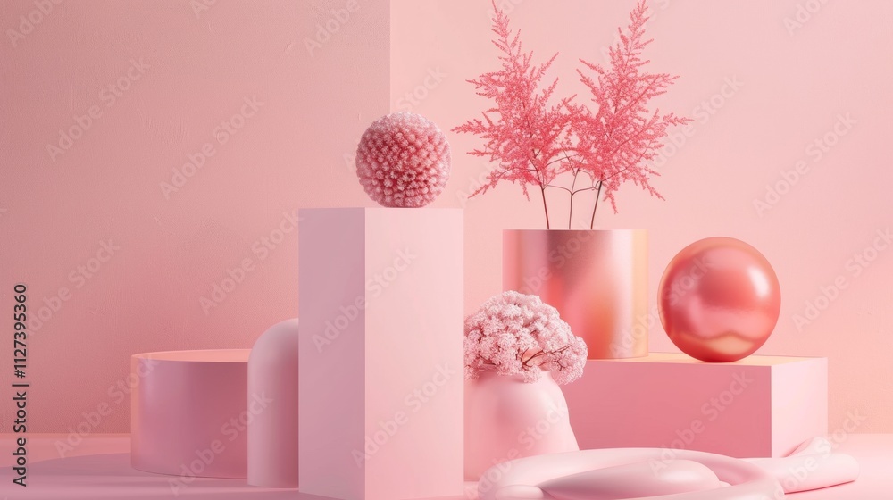 Monochromatic pink decor with abstract floral accents Monochromatic pink decor with abstract floral accents