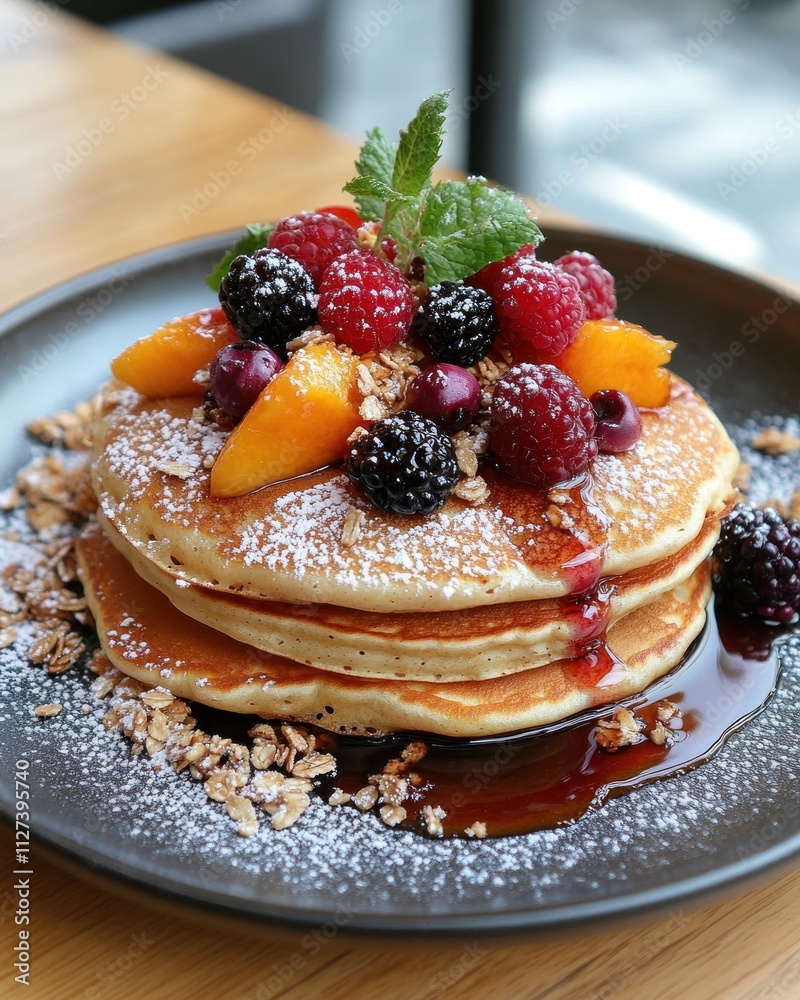 A stack of pancakes topped with fresh fruits, syrup, and granola on a dark plate. A stack of pancakes topped with fresh fruits, syrup, and granola on a dark plate.