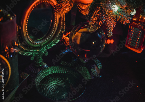 Rite with a burning candle, night mystery atmosphere, Christmas eve, Yule or another day