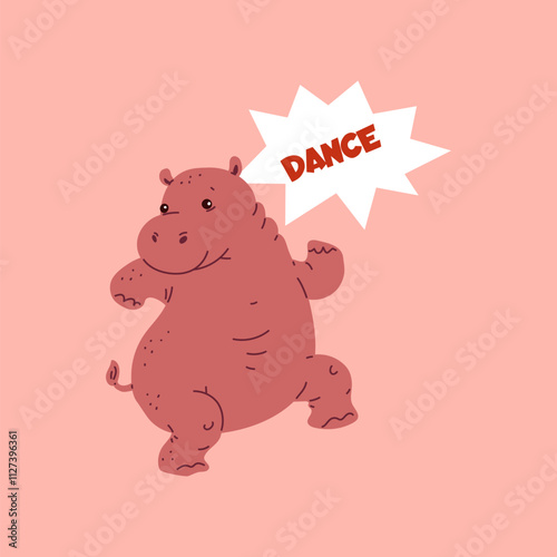 Cute hippopotamus dancing, vector cartoon funny mammal have fun on disco party, music wild animal entertainment