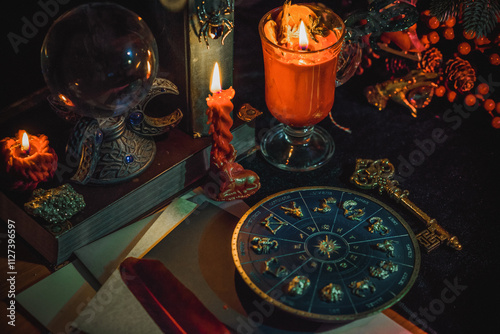 Rite with a burning candle, night mystery atmosphere, Christmas eve, Yule or another day