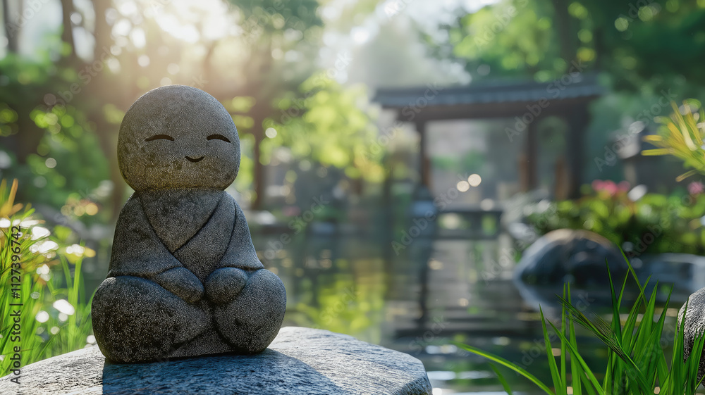 Serene Jizo statue in a tranquil Japanese garden. Generative AI image Serene Jizo statue in a tranquil Japanese garden. Generative AI image