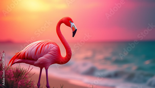 A colorful flamingo stands out against a vibrant background, blending summer and animal themes in its unique design._00003_ photo