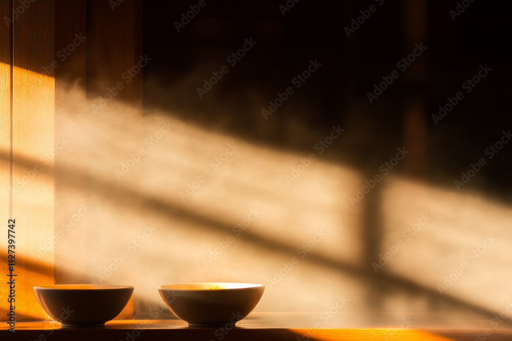 Two bowls are sitting on a window sill, one of which is filled with steam Two bowls are sitting on a window sill, one of which is filled with steam