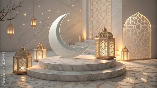 A modern Ramadan background with a minimalist crescent moon, ideal for serene and spiritual themes photo