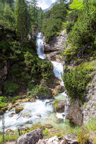 Fanes Waterfalls ( Cascate Di Fanes ) tourist trail. Dolomites, Italy, Europe