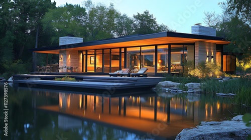 Modern house with large windows reflecting in calm water at dusk.