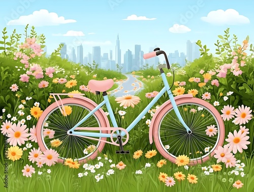 Pastel Bicycle in a Springtime Meadow Cityscape photo