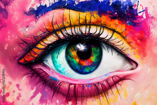 Woman's eye with colorful paint splatters on it. Close up of woman drawing her eyes close. A large painting of a large color drawing eyes. Close up of a large drawing of eyes painted lifestyle up on.