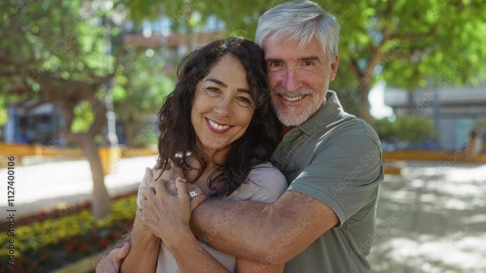Loving couple embracing outdoors in a sunny urban park showcasing joy and mature relationship in a vibrant exterior setting Loving couple embracing outdoors in a sunny urban park showcasing joy and mature relationship in a vibrant exterior setting