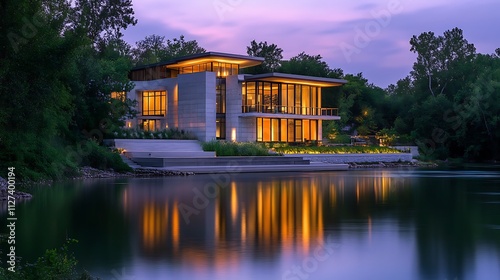 Modern lake house at sunset, reflecting lights on calm water.