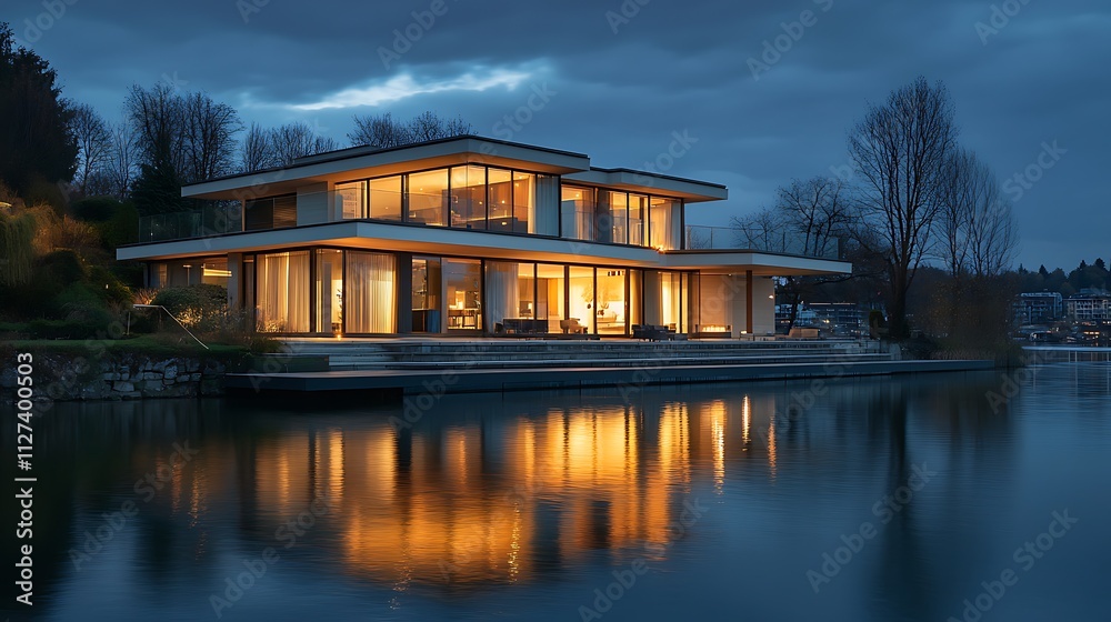 Fototapeta premium Modern lakefront house at night, illuminated windows reflecting in calm water.