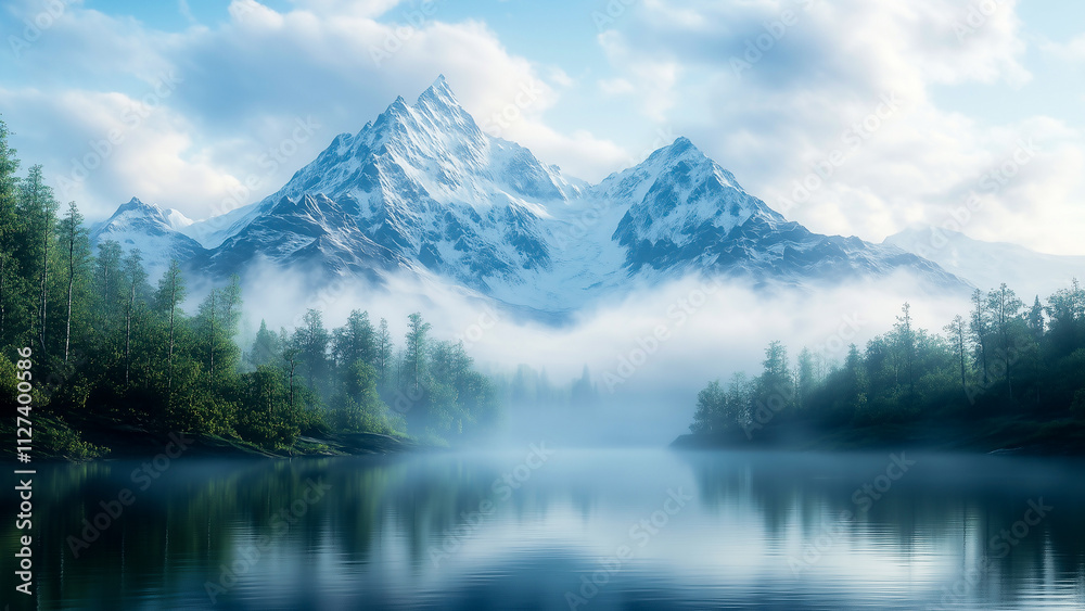A calm mountain lake at sunrise reflects snowy peaks and lush forests, evoking peace and natural grandeur in a painterly style A calm mountain lake at sunrise reflects snowy peaks and lush forests, evoking peace and natural grandeur in a painterly style