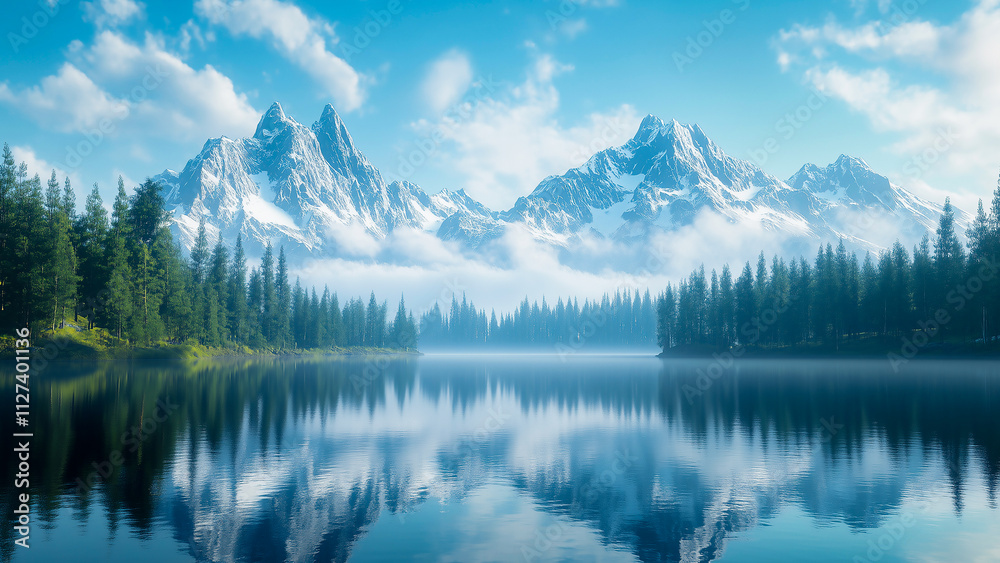 A calm mountain lake at sunrise reflects snowy peaks and lush forests, evoking peace and natural grandeur in a painterly style