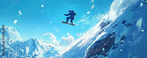 A snowboarder jumping against the blue sky, snow flying everywhere as they perform a gravity-defying trick