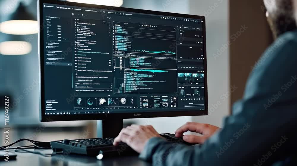 Analyzing cybersecurity data trends on dual monitors in modern office