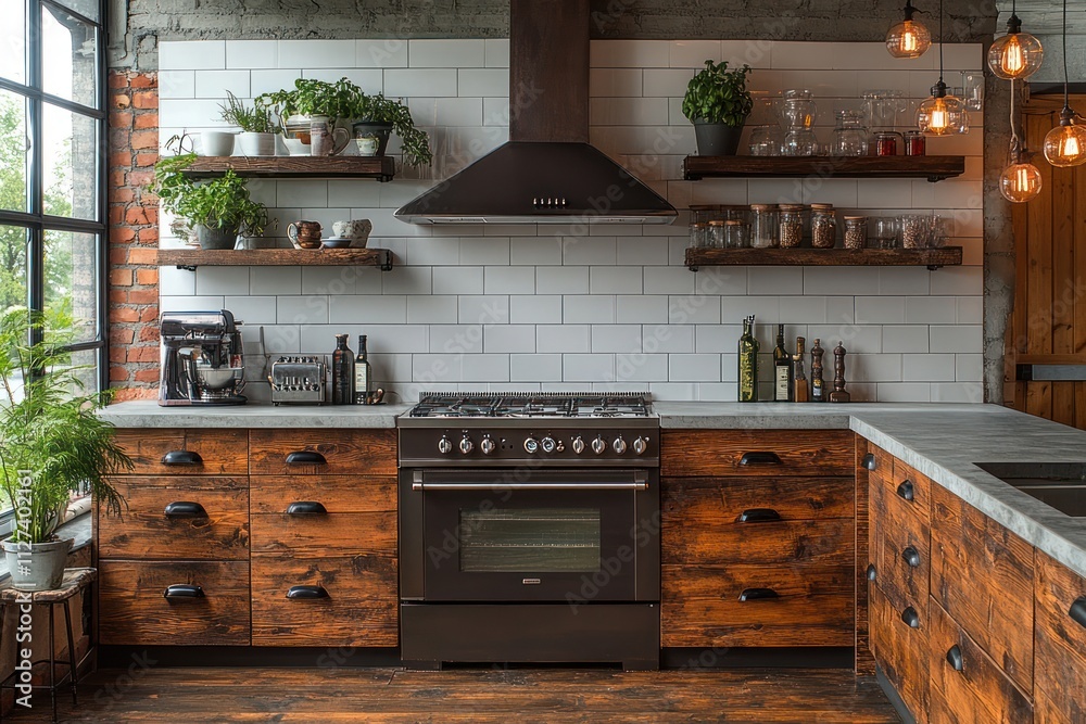 Rustic industrial kitchen with wood cabinets, exposed brick, and large window. Rustic industrial kitchen with wood cabinets, exposed brick, and large window.