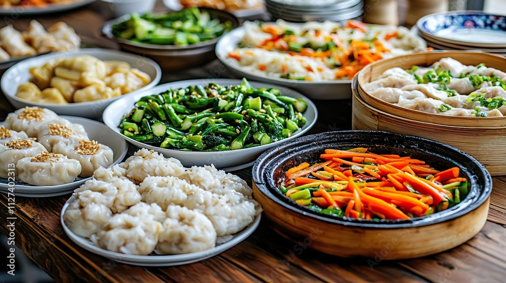 Rustic Brunch Buffet with Steamed Delights and Fresh Veggies, Buffet dinner food celebration party concept. Rustic Brunch Buffet with Steamed Delights and Fresh Veggies, Buffet dinner food celebration party concept.