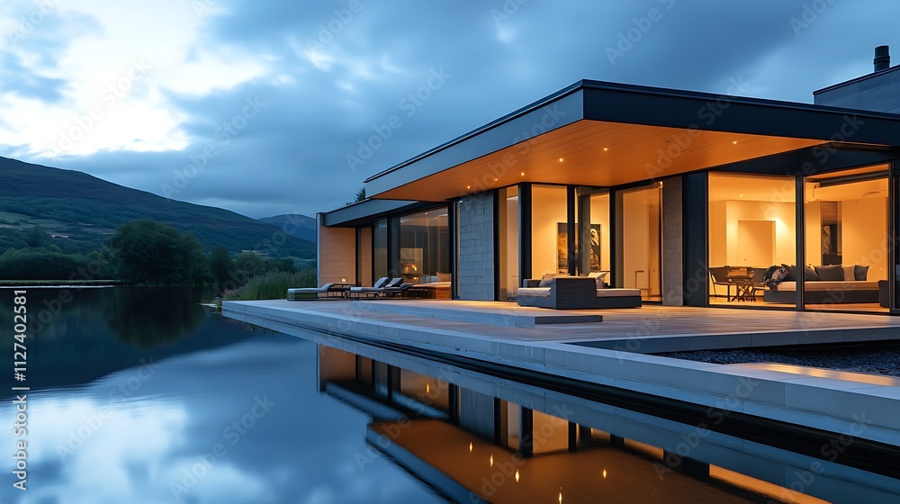 Fototapeta premium Modern luxury house with infinity pool at dusk, reflecting in calm water, mountains in background.