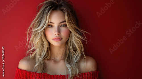 A young woman posing in a Santa Claus costume with a vibrant red background, her wavy blonde hair tousled for a dynamic look, highlighting her expressive eyes and full lips.