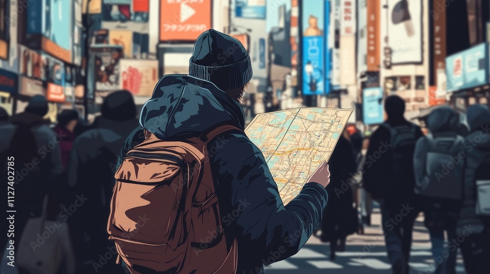 Tourist with backpack consults a paper map amidst bustling city crowds and vibrant billboards. Tourist with backpack consults a paper map amidst bustling city crowds and vibrant billboards.