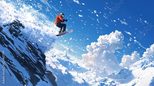 A snowboarder soaring through the air against the backdrop of a brilliant blue sky, snow flying all around them as they hit an impressive jump