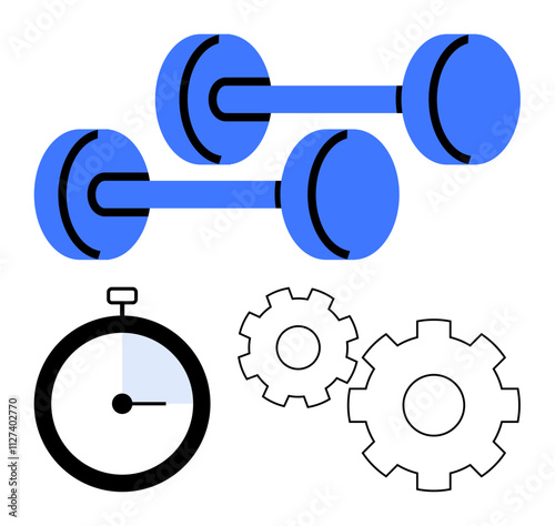 Blue dumbbells, stopwatch, and gears, suggesting fitness and efficiency. Ideal for health, workout routines, time management, gym instruction, mechanical processes sports training exercise