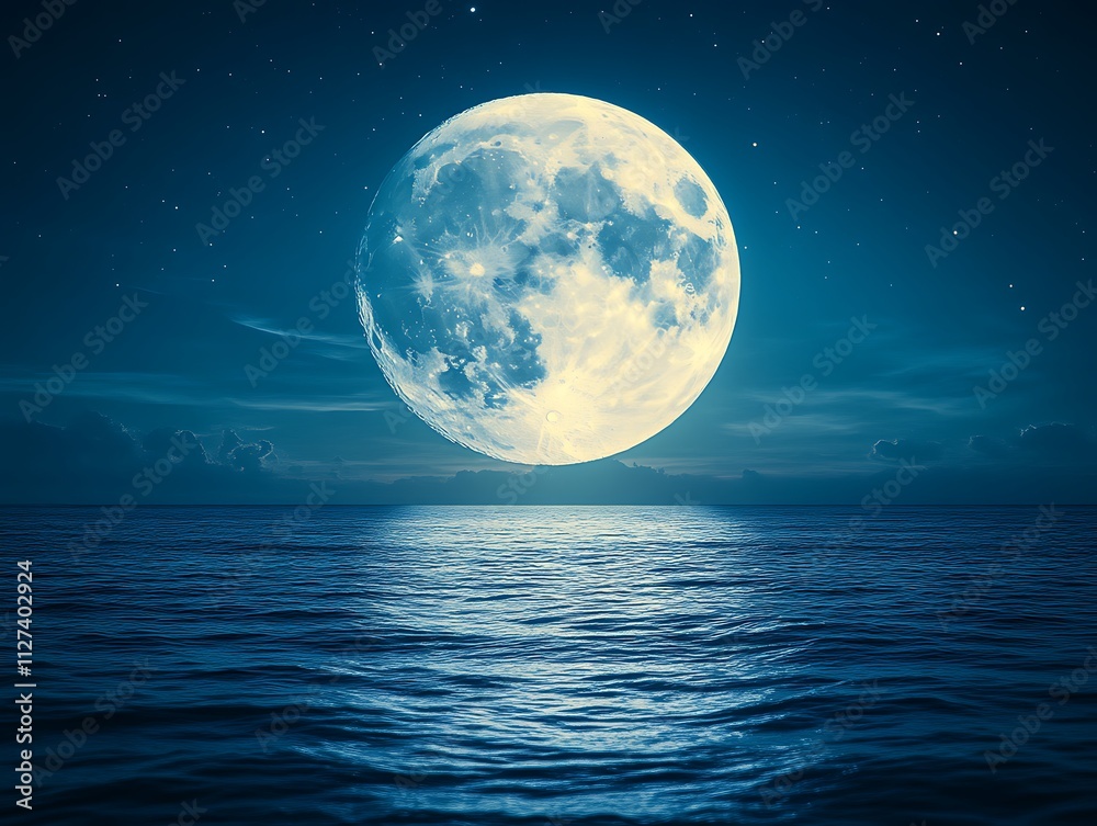 Full Moon Over Calm Ocean Night Sky Stars Full Moon Over Calm Ocean Night Sky Stars