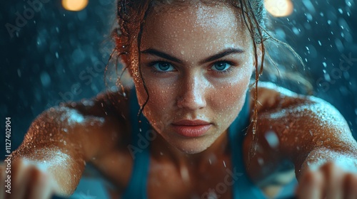 A determined athlete performs an intense workout while water droplets illuminate the scene. The focus and intensity are palpable as she pushes her limits in a dark setting. photo