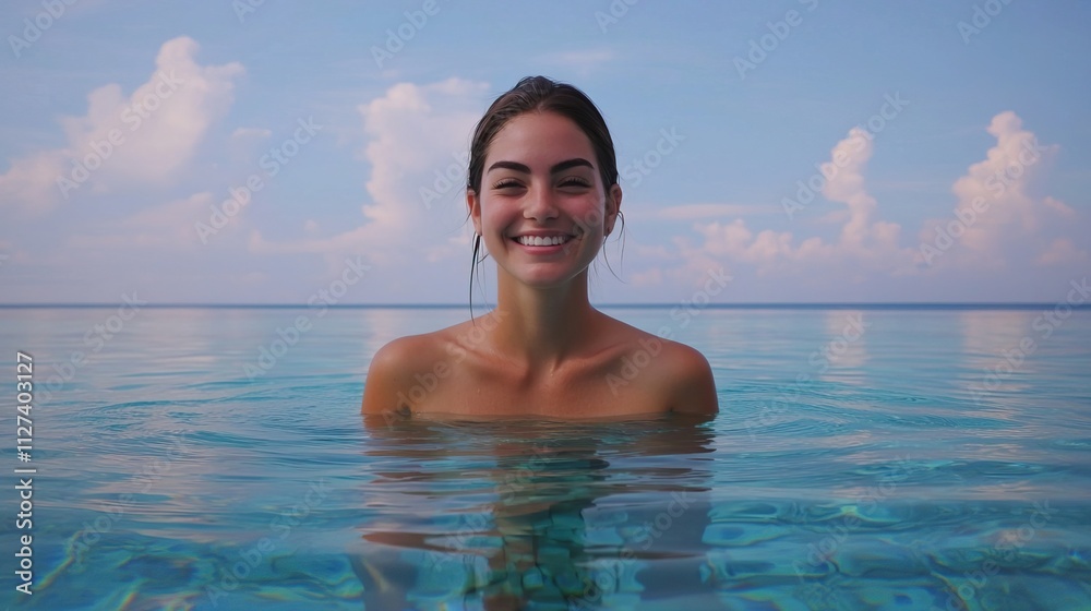 Young Woman Enjoying a Dip in Clear Pool Water, Cheerful woman on summer vacation concept. Young Woman Enjoying a Dip in Clear Pool Water, Cheerful woman on summer vacation concept.
